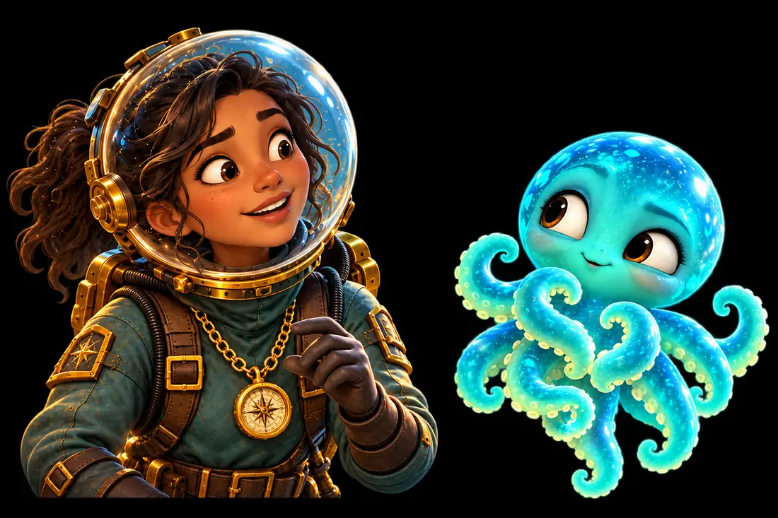 Kia in a brass diving helmet beside Pip, a glowing teal octopus