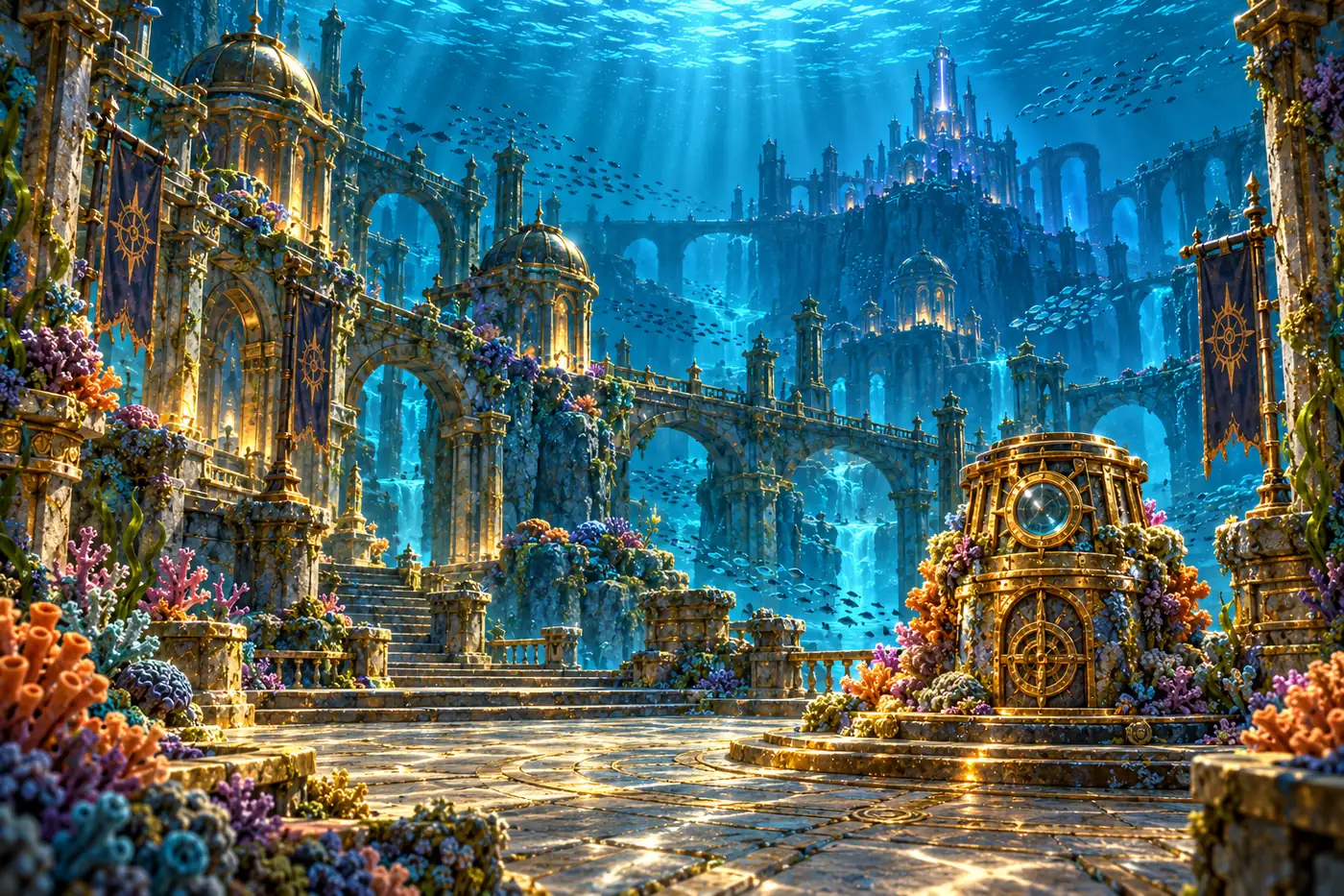 Concept art of a golden sunken city under the sea
